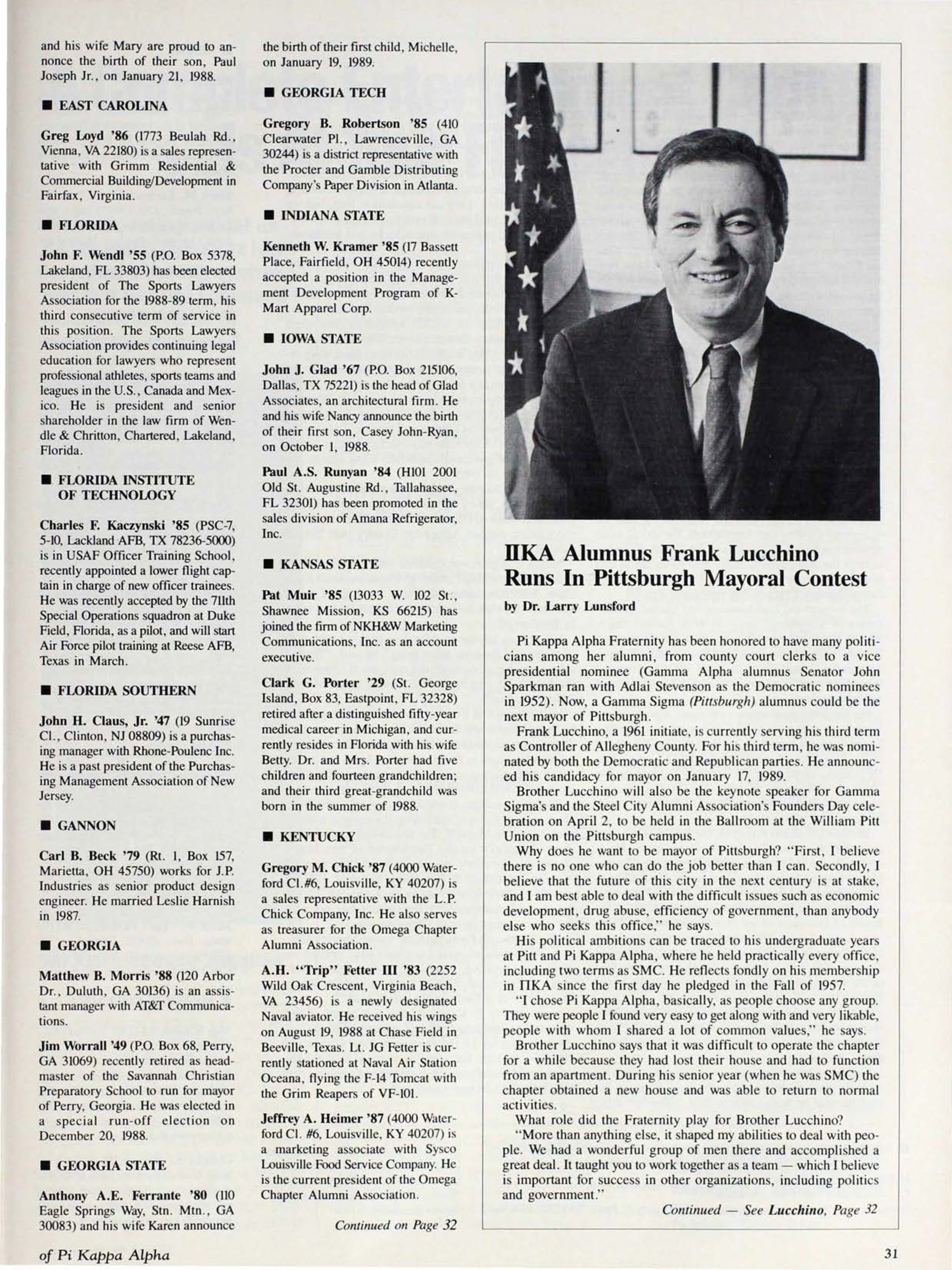 Pi Kappa Alpha Alumnus Frank Lucchino Runs In Pittsburgh Mayoral Contest